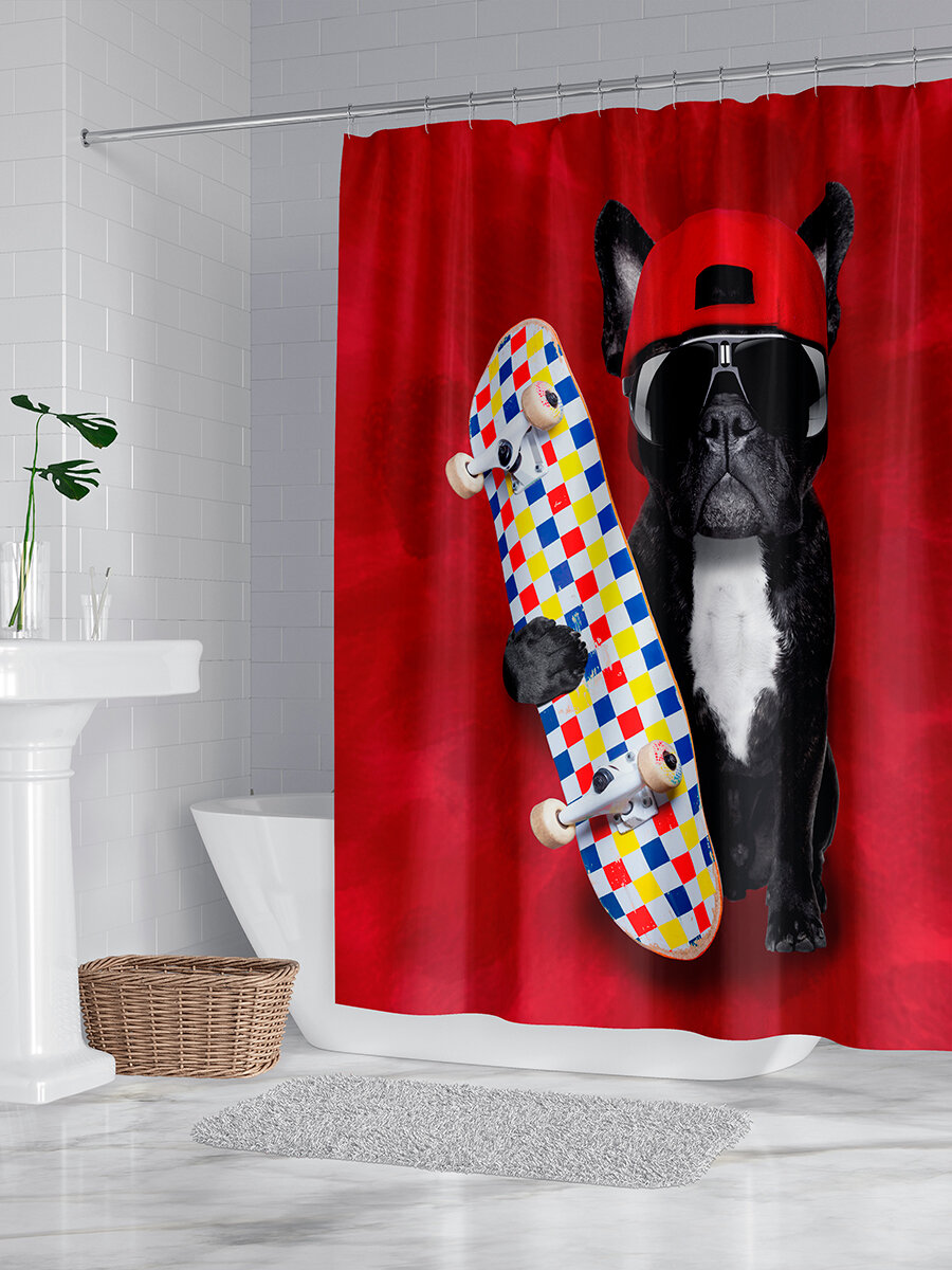 фото Штора для ванной "Бульдог и скейт красный", 170х200 см с кольцами