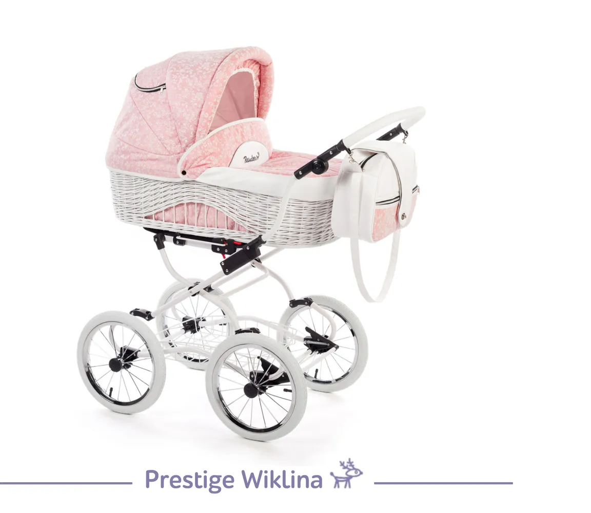 Коляска детская Reindeer Prestige "Wiklina" set 4 люлька+автокресло, цвет розовый с белым W-5, белая рама, всесезон