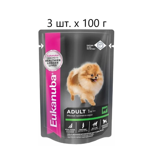 Влажный корм для собак Eukanuba Adult 1+ years, для здоровья кожи и шерсти, c говядиной, 3 шт. х 100 г (кусочки в соусе)