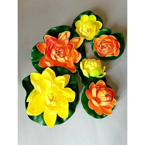 Фигурка садовая для пруда водоплавающая, лилия, набор 6 предметов оранжевый, желтый