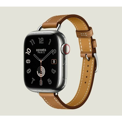 Часы Apple Watch Hermès Series 9 GPS + Cellular 41mm Silver Stainless Steel Case with Gold Swift Leather Attelage Single Tour