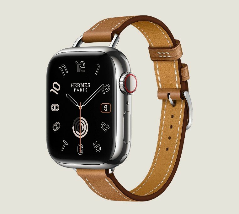 Часы Apple Watch Hermès Series 9 GPS + Cellular 41mm Silver Stainless Steel Case with Gold Swift Leather Attelage Single Tour