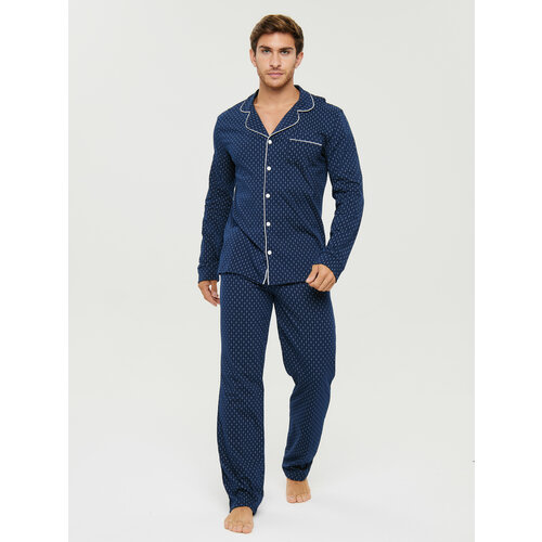 Комплект IHOMELUX, рубашка, брюки, трикотажная, карманы, пояс на резинке, размер 46, синий