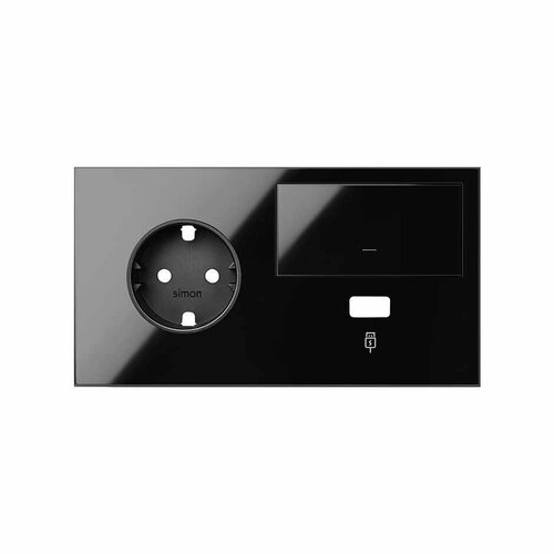 Simon 100 Черный глянец Кит 2 поста, фронт. Накладка на 1 розетку Schuko (слева) + 1 з/у USB SC + 1 клавиша выключателя, Simon, арт.10020207-138