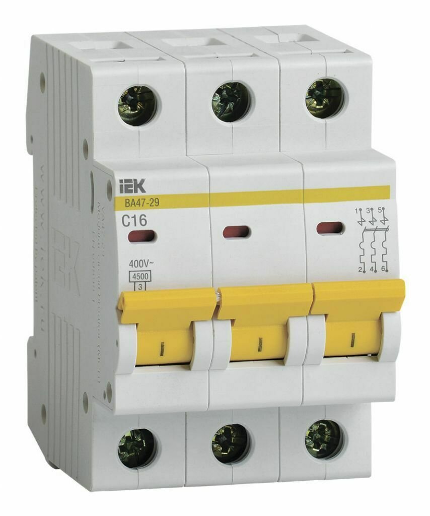 Дифференциальный автомат Выключатель автоматический IEK ВА47-29 MVA20-3-016-C 16A тип C 4.5kA 3П 400В 3мод белый