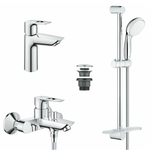 Комплект смесителей для ванной Grohe BauLoop New M-Size с полочкой и донным клапаном, хром душевой гарнитур grohe new tempesta rustic 100 iv с полочкой душевая штанга 600 мм хром 26086001