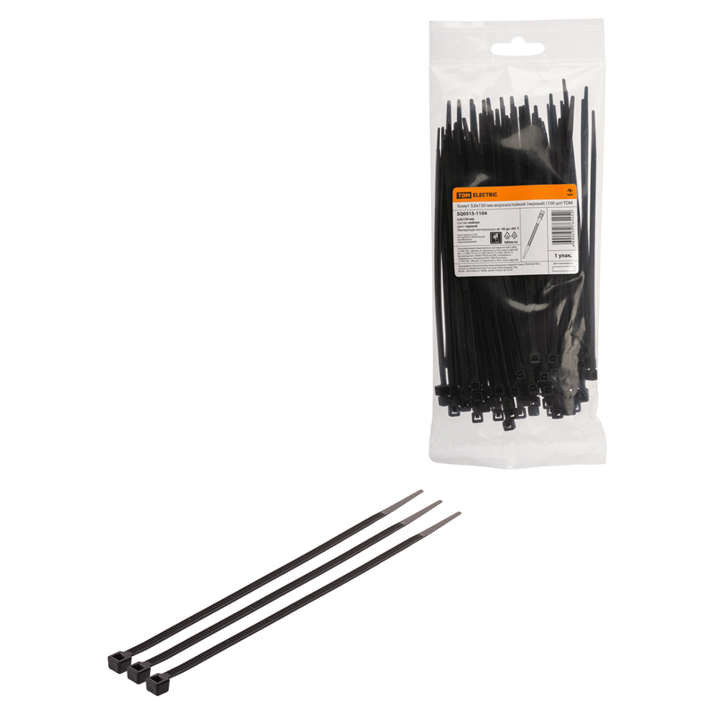 фото Хомут 3,6х150 мм морозостойкий (черный) (100 шт) TDM SQ0515-1104, цена за 1 штуку