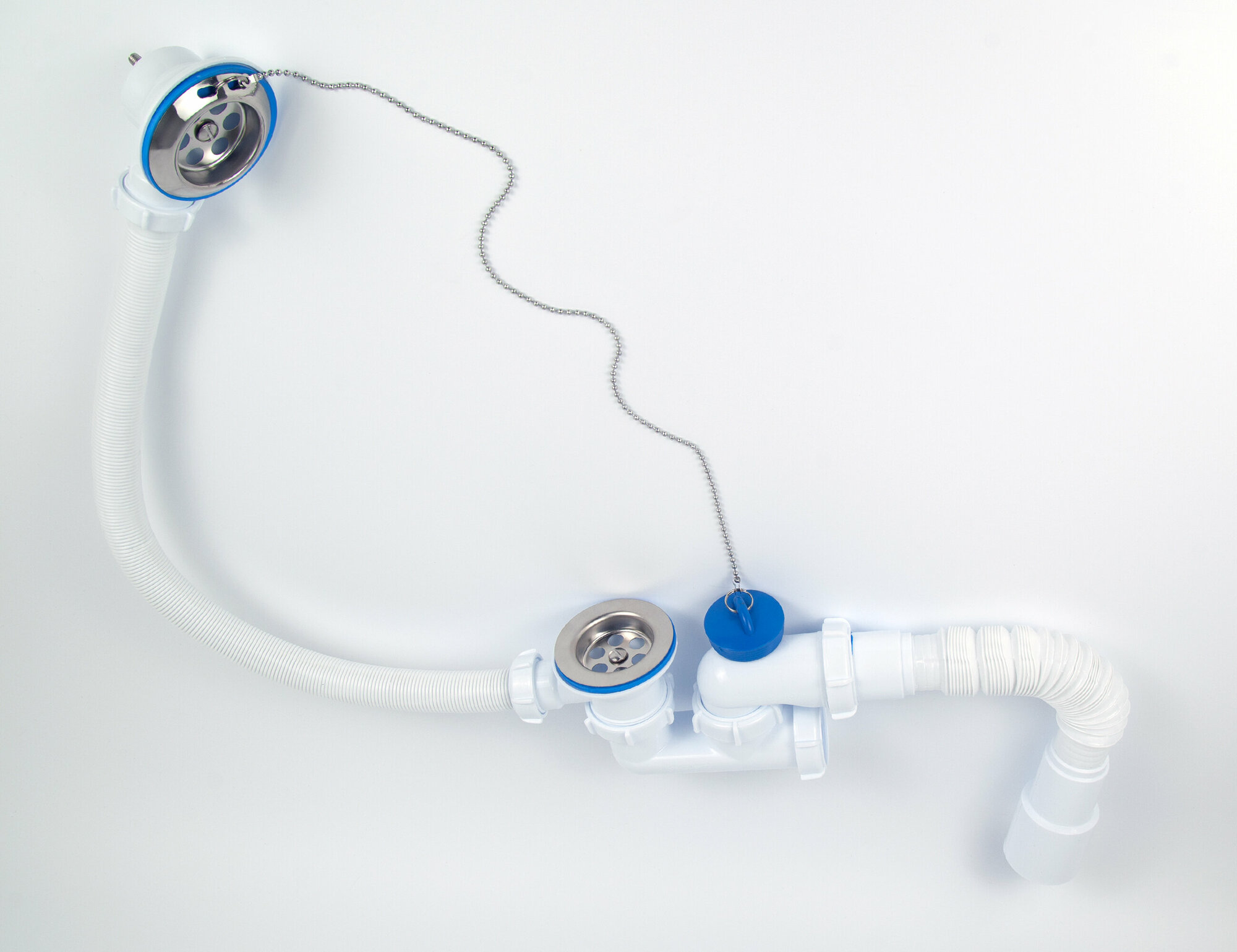 фото 227 Сифон VIKO регулир. д/ванны 1-1/2"х40 с реш. Ø70мм из нерж, перел. и гофр. Ø40/50, 600 цепочка