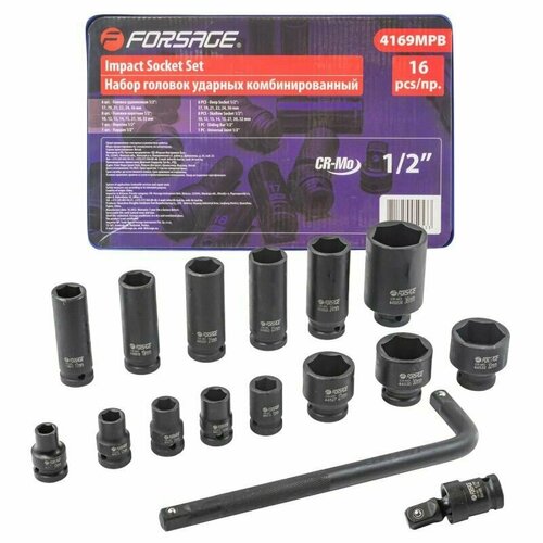 forsage f 4149mpb набор головок 1 2 ударные 14пр короткие 10 12 15 27 30 32мм глубокие 17 19 21 22 24 36мм 1шт Набор головок ударных 16 предметов 1/2 6гр.