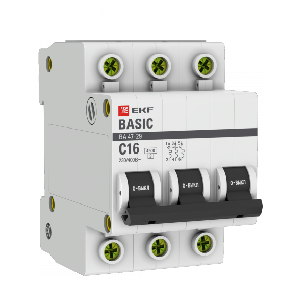 Выключатель автомат. 3-пол. (3P) 16А C 4,5кА ВА47-29 Basic EKF