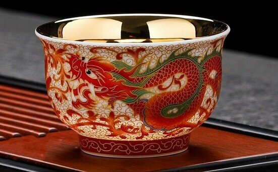 фото Пиала 120 мл, китайский фарфор, ручная работа, трехмерная роспись с позолотой, в подарочной коробке.