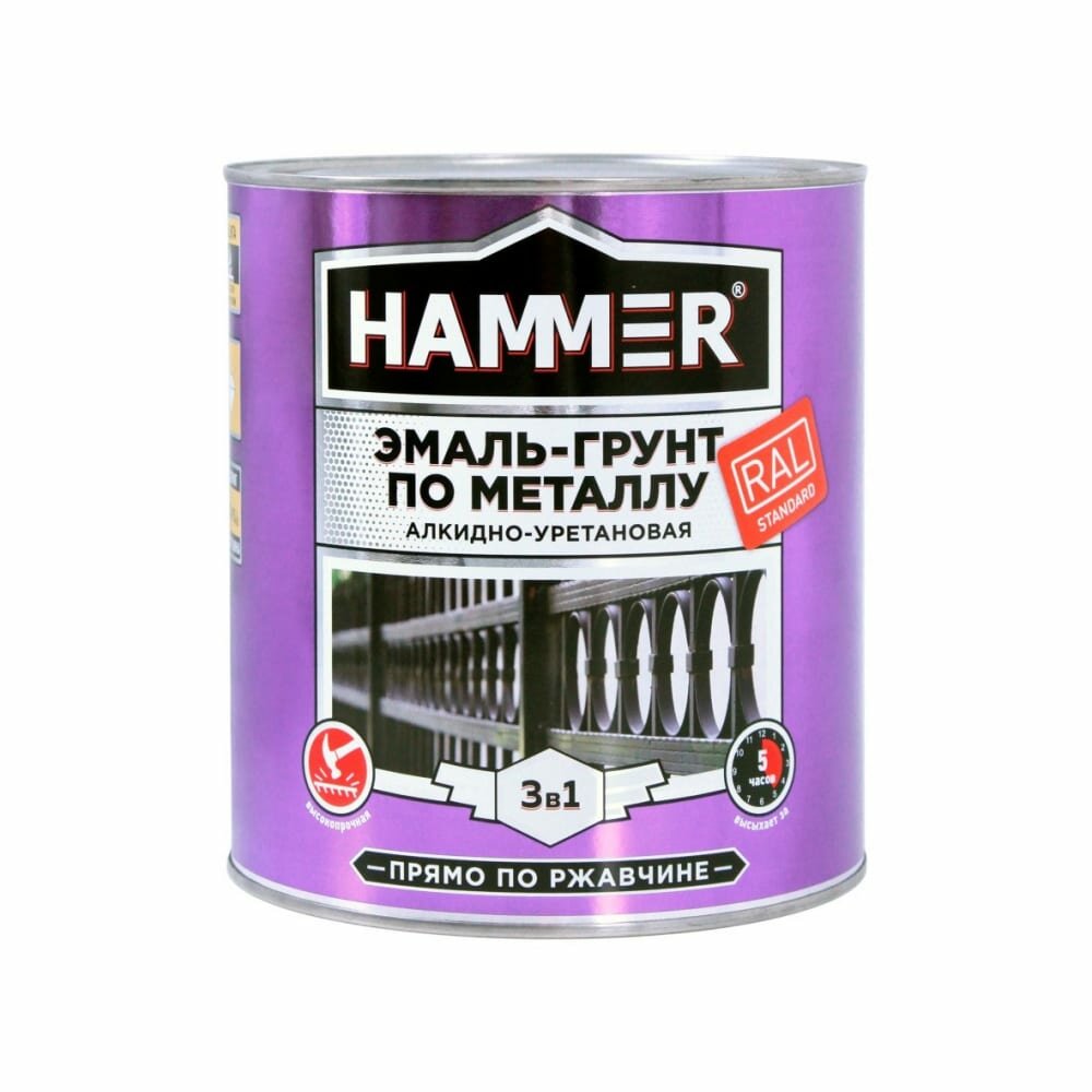 Эмаль-грунт по металлу HAMMER 3в1 АУ п/гл RAL 3005 винно-красный 27 кг ЭК000133636