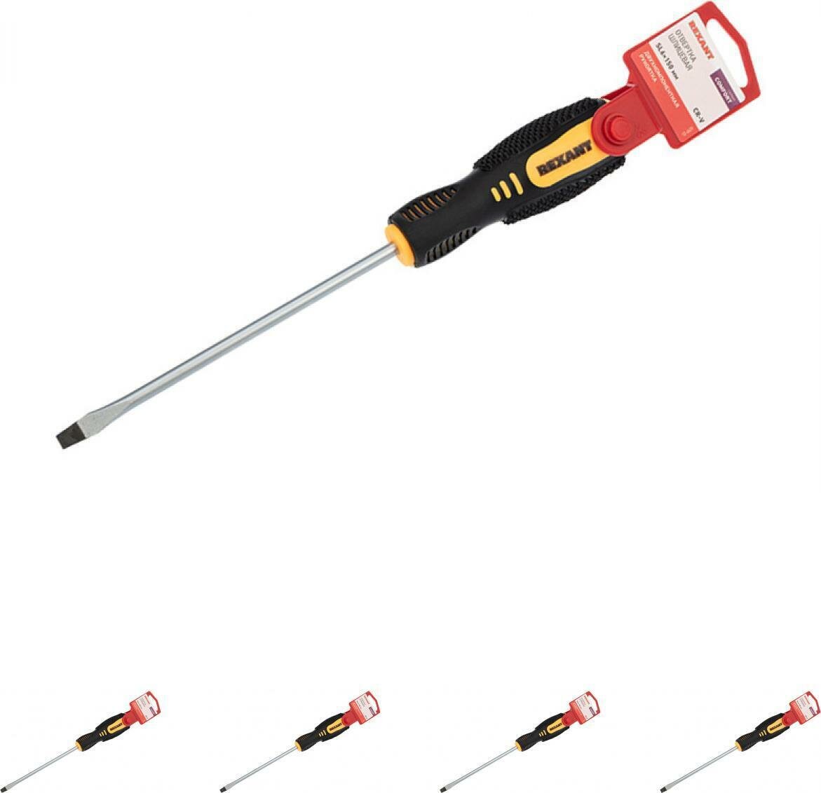 фото Отвертка Rexant шлиц SL6 6x150мм хром-ванадиевое жало магнитный наконечник двухкомпонентная ручка (комплект из 4 шт)