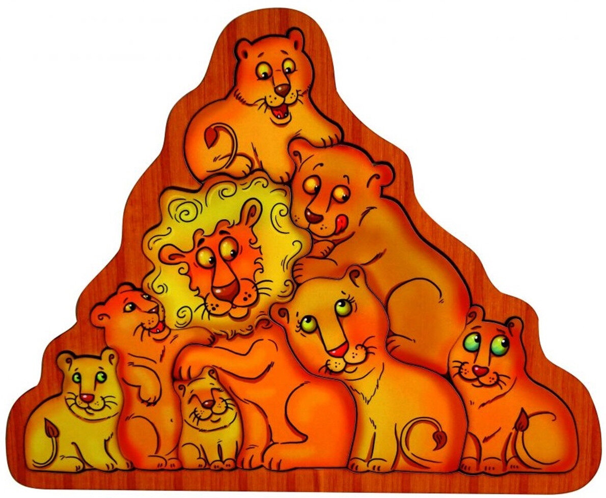 Деревянный пазл-вкладыш Smile Decor "Львы", развивающая игра-головоломка для малышей, зоопазл