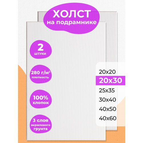 Набор холстов на подрамнике 20х30 РамКом - 2 шт, холст мини грунтованный хлопковый для рисования, для акрила , масла, гуаши, темперы, белый маленький