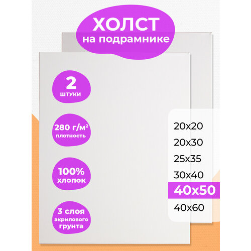 Набор холстов на подрамнике 40х50 РамКом - 2 шт, холст грунтованный хлопковый для рисования, для акрила, масла, гуаши, темперы, белый большой хост