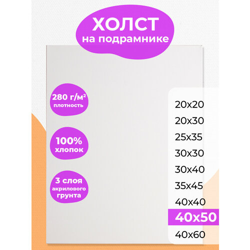 Холст на подрамнике 40х50 РамКом, грунтованный хлопковый для рисования, для акрила , масла, гуаши, темперы, белый большой хост