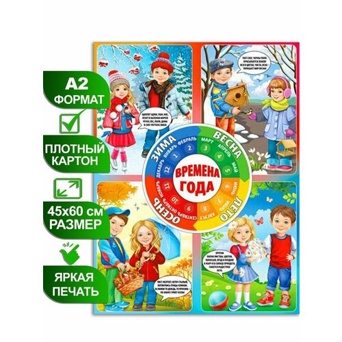 плакат времена года а2 Обучающий плакат Времена года, формат А2, 45х60 см, картон