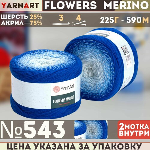Пряжа Flowers Merino (YarnArt), васил/голуб/бел - 543, 25% шерсть, 75% акрил, 2 мотка, 225 г, 590 м.