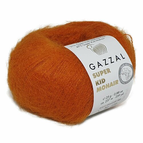 Пряжа SUPER KID MOHAIR (Gazzal), апельсин - 64429, 47% супер кидмохер, 31% тонк. мериносовая шерсть супервош, 22% полиамид, 6 мотков, 25 г, 237 м.