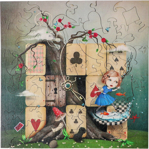 Фигурный деревянный пазл-головоломка Нескучные игры Алиса в стране чудес, 48 уникальных деталей из дерева