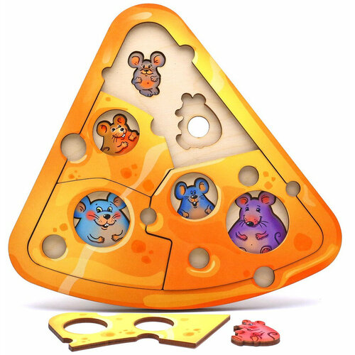 Деревянный пазл-вкладыш Smile Decor Сыр и мышата, развивающая игра-головоломка для малышей