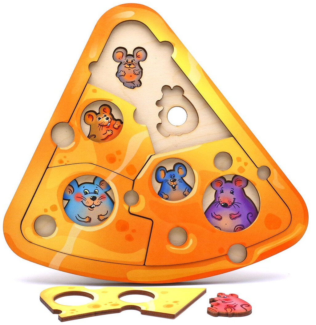 Деревянный пазл-вкладыш Smile Decor "Сыр и мышата", развивающая игра-головоломка для малышей