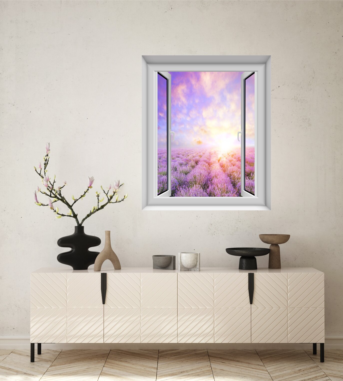 фото Бесшовные фотообои "Вид из окна "Лавандовое поле на закате" 100х120 см. /Фотообои в гостиную, кухню, коридор