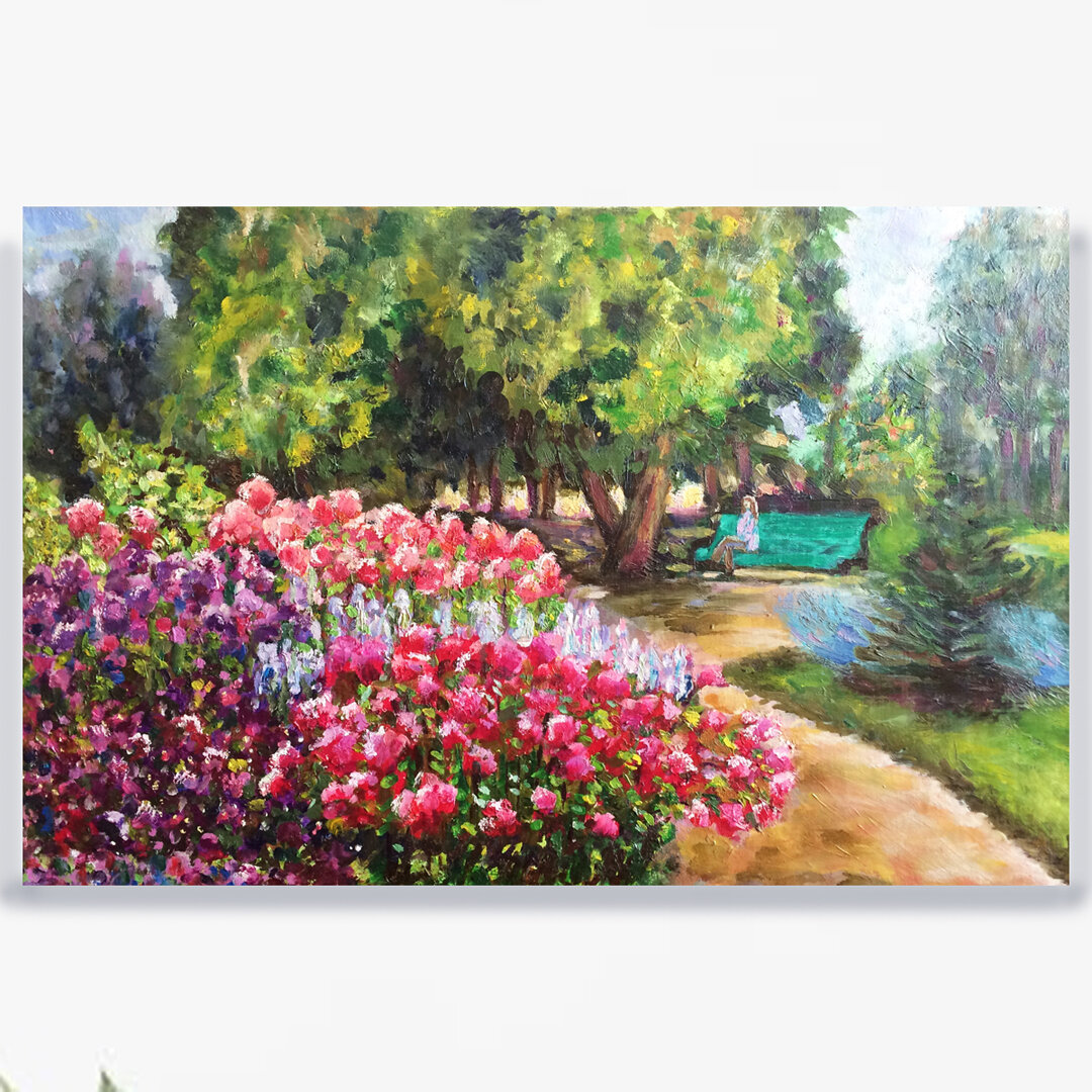 Картина маслом пейзаж с цветами Цветущий сад, пленэрная живопись ручной работы