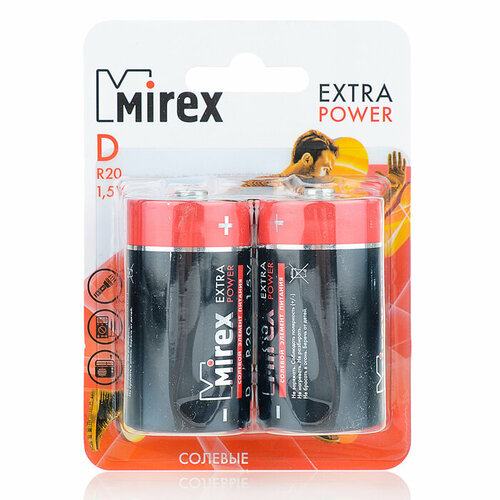 Батарея солевая Mirex R20/D 1,5V, 2 шт, ecopack