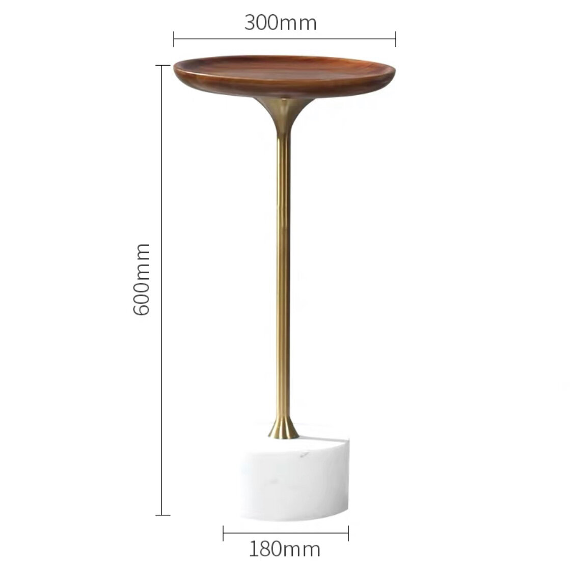 Стильный кофейный столик с деревянным блюдом на металлической ножке Белый мрамор (Круглый 30*30*60 см)