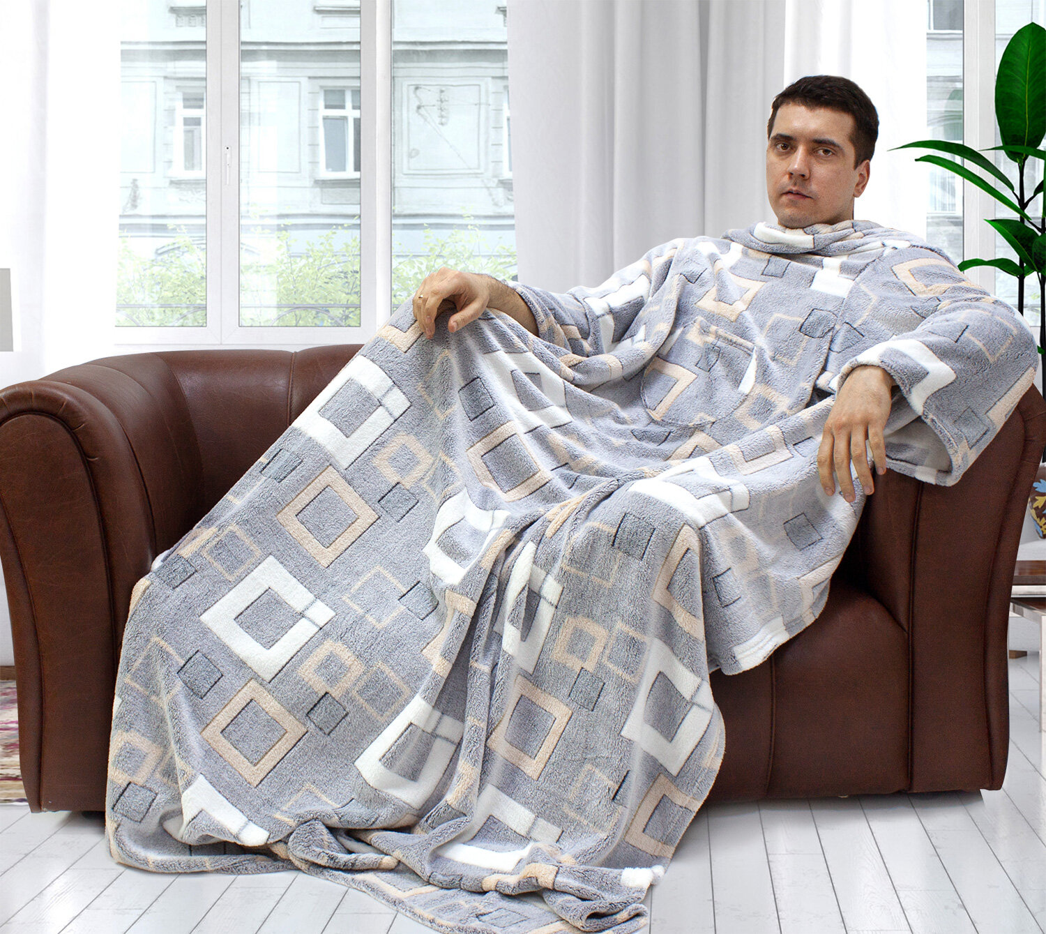 фото Плед с рукавами из велсофта с жаккардом 2204-5 Квадраты на сером Elin (серый), 150x200