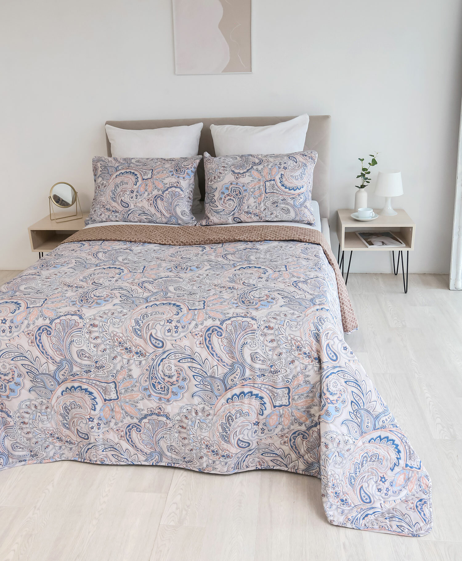 фото Стеганное двухстороннее покрывало SB-005 Elintale (синий-бежевый), 150x215