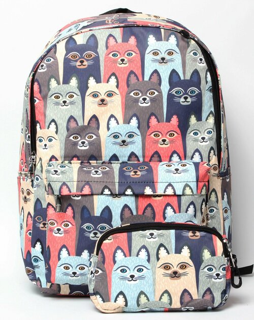 Рюкзак школьный бежевый с котами для девочек и мальчиков, детский, городской, вместительный с карманами.