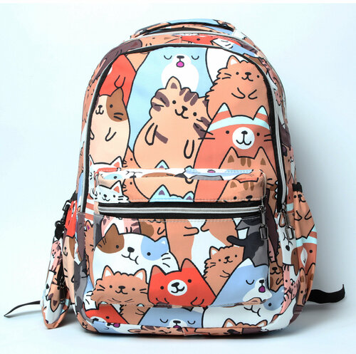 Рюкзак школьный коричневый с котами для девочек и мальчиков, детский, городской, вместительный с карманами.