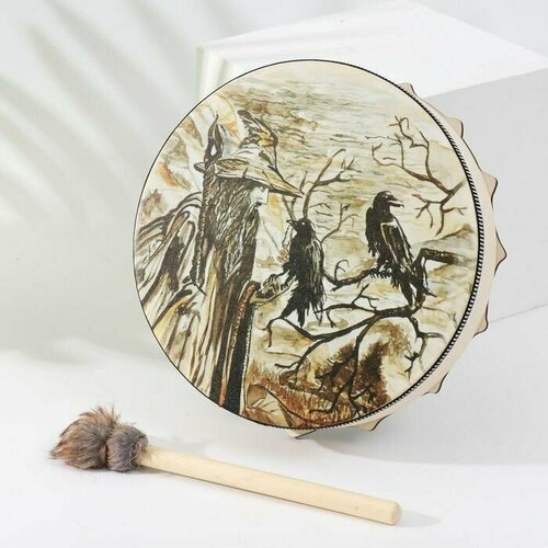 Шаманский бубен оберег Старик и вороны с колотушкой 5х25х25 см 4178₽