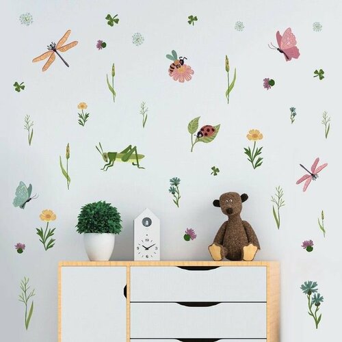 Наклейка интерьерная цветная Цветы и насекомые 30х60 см 578₽