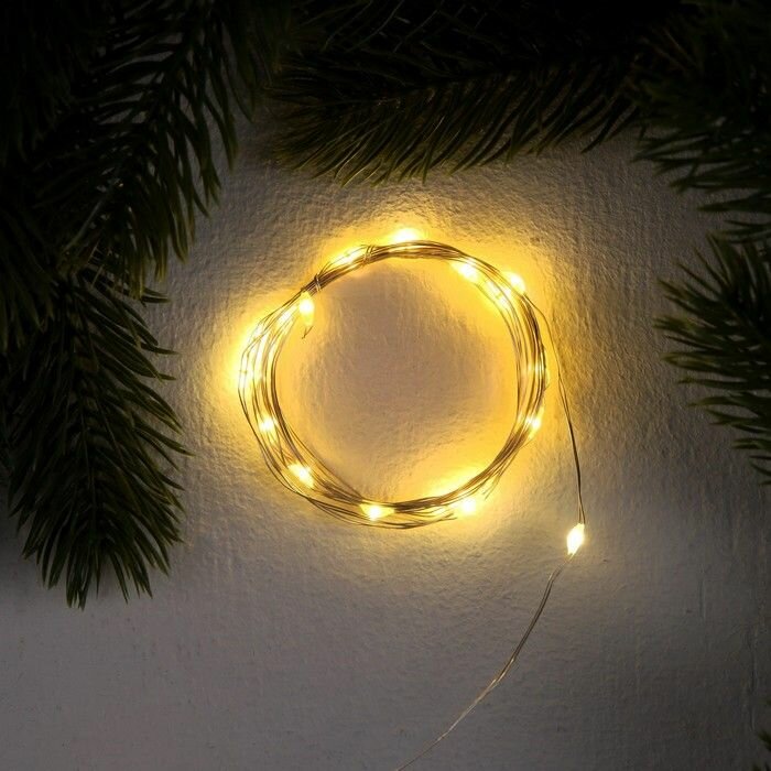 Гирлянда Luazon Lighting "Нить" 2 м роса, IP20, серебристая нить, 20 LED, 3 режима, батарейки AG13х3, свечение тёплое белое