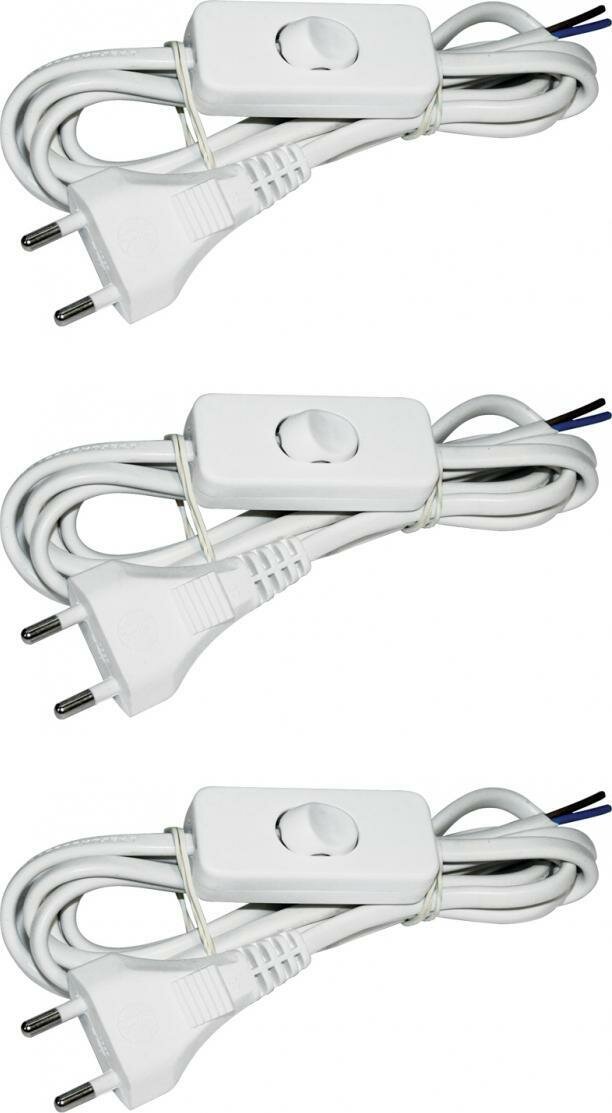 Шнур IEK УШ1КВ с плоской вилкой и выключателем без заземления 2 метра IP20 белый (комплект из 3 шт)