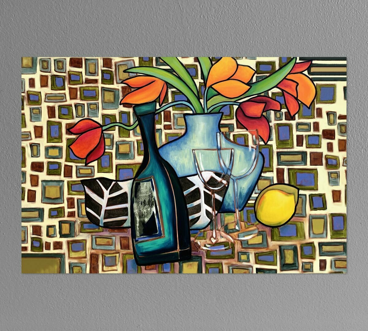 Картина для интерьера "Натюрморт с вином" Элиза Боунер 40х60 см натуральный холст. Коллекция - натюрморт, кубизм, пейзаж, мексиканская живопись.