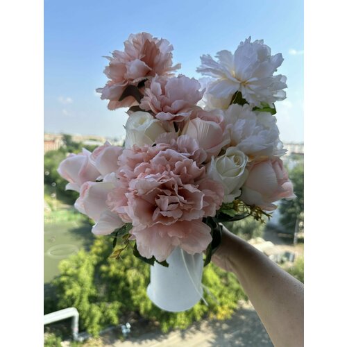 Цветочная композиция пионы и розы Искусственные цветы. латекс силикон (как живые)для декора интерьера