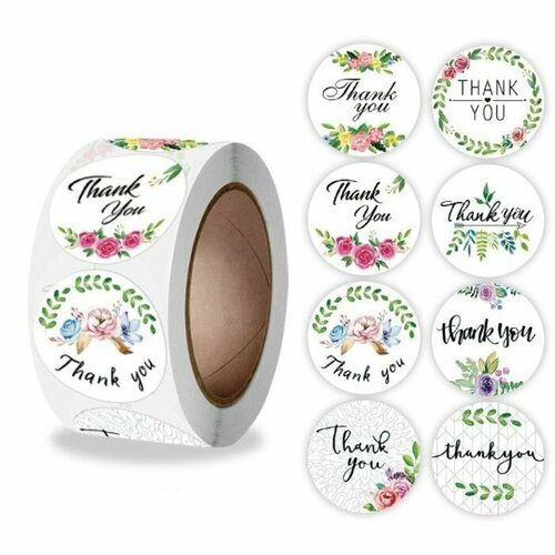 Наклейка бумага Спасибо Цветы d 25 см 500 шт в рулоне 3х65х65 см 499₽