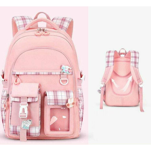 фото Ранец розовый с игрушкой, подростковый, рюкзак для девочки, цвет: розовый, с мягкой игрушкой в подарок newexp