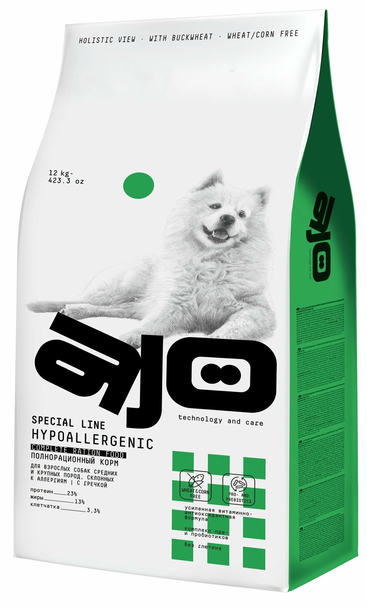 AJO Hypoallergenic полнорационный корм для собак средних и крупных пород склонных к аллергии Свинина и оленина, 12 кг.