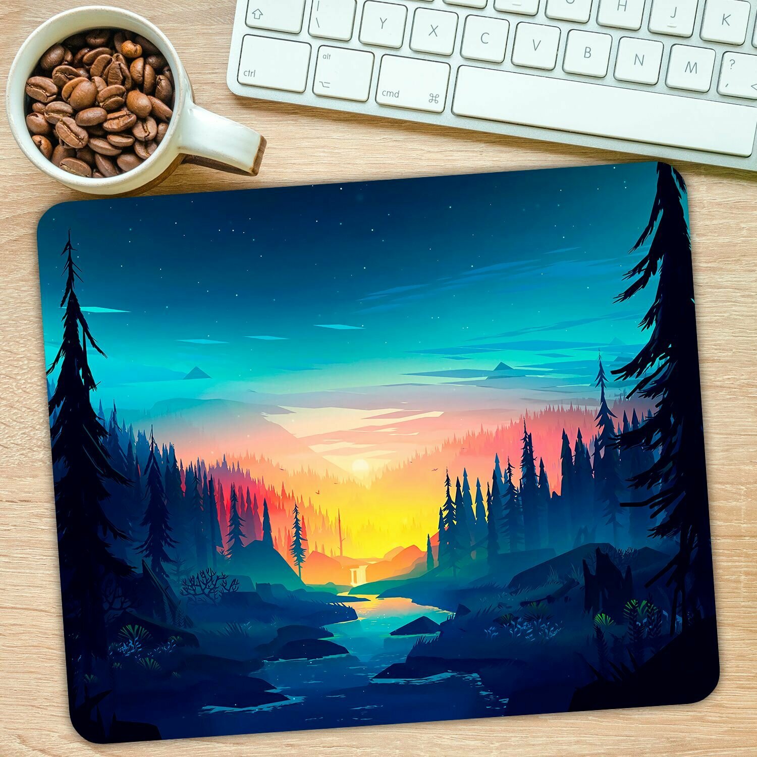 Коврик для мыши "Абстракция Firewatch. Лесной закат у реки у подножия гор" (24 x 20 см x 3 мм) — фото 4