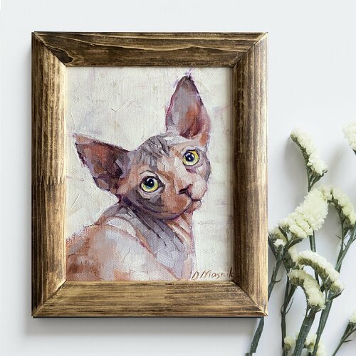 Кот сфинкс картина маслом на холсте в раме 26х31 см ручная работа авторская масляная живопись кошка