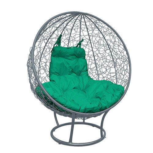 Кресло круг на подставке с ротангом серое, зеленая подушка