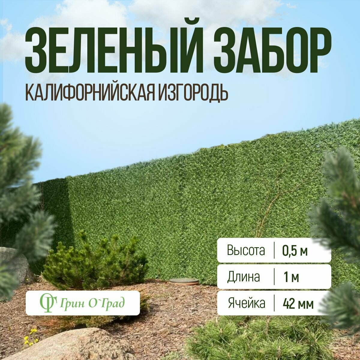 Сетка рабица Зелёный забор, калифорнийская изгородь высота 0,5м, длина 1м, ячейка 42мм