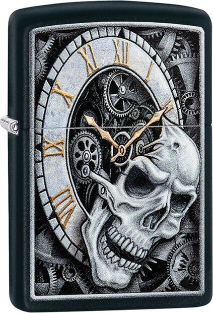 Зажигалка ZIPPO Skull Clock с покрытием Black Matte латунь/сталь чёрная матовая 38x13x57 мм