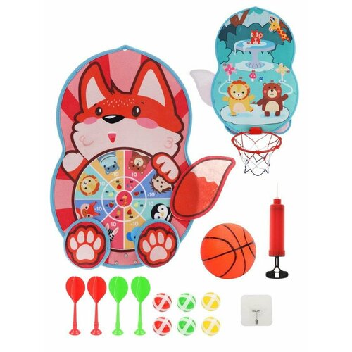 Дартс Moby Kids Лисичка, 2 в 1, с липучкой, двусторонний, 21 см, с баскетбольным кольцом, с насосом (76876)
